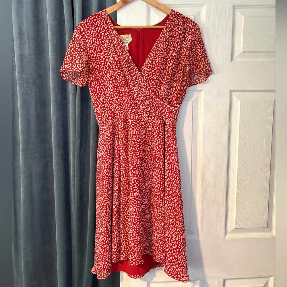 Talbots 100% Pure Silk Red and Cream Patterned Midi Dress, Faux Wrap